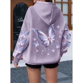 Women'S Butterfly Printed Hoodie, Casual Pullover with Slight Stretch, All Seasons, Polyester, 250g/m² Knit Fabric, Hooded Collar, Large Size