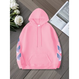 Women'S Butterfly Printed Hoodie, Casual Pullover with Slight Stretch, All Seasons, Polyester, 250g/m² Knit Fabric, Hooded Collar, Large Size