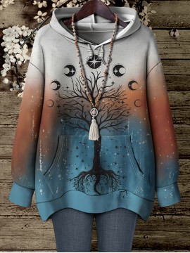 Plus Size, Women's Plus Floral Gradient Print Comfortable Versatile Hoodie, No Accessories Included