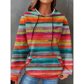 Plus Size, Women's Plus Size Oversized Hoodie - Loose Fit Pullover Sweatshirt with Front Pocket & Drawstring Hood, Long Sleeve Casual Winter Sweater in Pink/Orange/Blue/Green/Teal/Orange/Red/ - Machine Washable Fall/Winter Clothing, Cozy Clothing, Striped Pattern, Soft Fabric, Streetwear Lovers