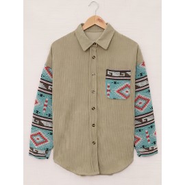 Plus Size, Plus Size Women's Turquoise Southwestern Turquoise & Multicolor Button-Front Sweater - Boho-Chic Southwestern Style with Turquoise, Red, Black, White, Brown, Beige - H-Line Silhouette, All-Season Casual Sweater for Layering or Standalone Outfits (Machine Washable) - Relaxed Fit with Button-Up Front, Non-Stretch Fabric, Button Detailing, and Cultural Southwestern Print, Sweatshirts for Women Plus Size