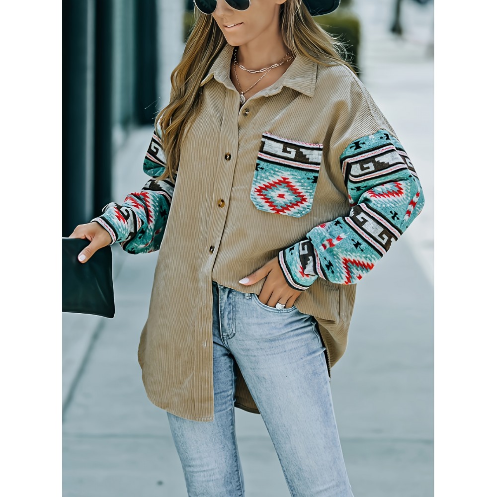 Plus Size, Plus Size Women's Turquoise Southwestern Turquoise & Multicolor Button-Front Sweater - Boho-Chic Southwestern Style with Turquoise, Red, Black, White, Brown, Beige - H-Line Silhouette, All-Season Casual Sweater for Layering or Standalone Outfits (Machine Washable) - Relaxed Fit with Button-Up Front, Non-Stretch Fabric, Button Detailing, and Cultural Southwestern Print, Sweatshirts for Women Plus Size