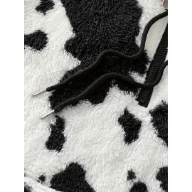 Women's Elegant Half-Zip Hooded Jacket, Plus Size Winter Warmth Coat with Full-Zip Front, Soft Fleece Lining, Animal Print (Cow/Sheep Design), Casual Outerwear, Cold Weather Wear, Stylish Outerwear, Zip-Up Coat