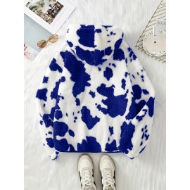 Women's Elegant Half-Zip Hooded Jacket, Plus Size Winter Warmth Coat with Full-Zip Front, Soft Fleece Lining, Animal Print (Cow/Sheep Design), Casual Outerwear, Cold Weather Wear, Stylish Outerwear, Zip-Up Coat