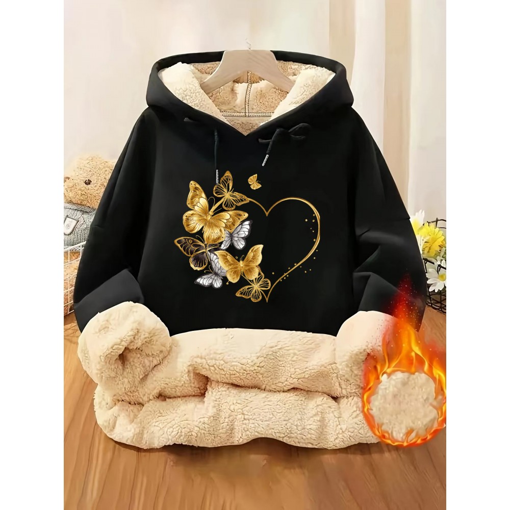 Plus Size - Women'S Cozy Thickened Llama Hoodie - Black with Golden Butterfly & Heart Design, Long Sleeve Pullover with Kangaroo Pocket, Casual Fall/Winter Wear, Cozy Clothing | Butterfly Heart Design | Kangaroo Pocket Hoodie, Cute Hoodie