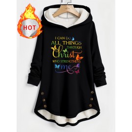 [Christian Faith Hooded Coat] Plus Size - Women's Plus Size Christian Faith Hooded Coat - Lined Hooded Sweatshirt With Bible Verse Print (John 15:5) & Christian Slogan, Casual Pullover For Fall/Winter, Soft Warm Winter Jacket, PLUS SIZE