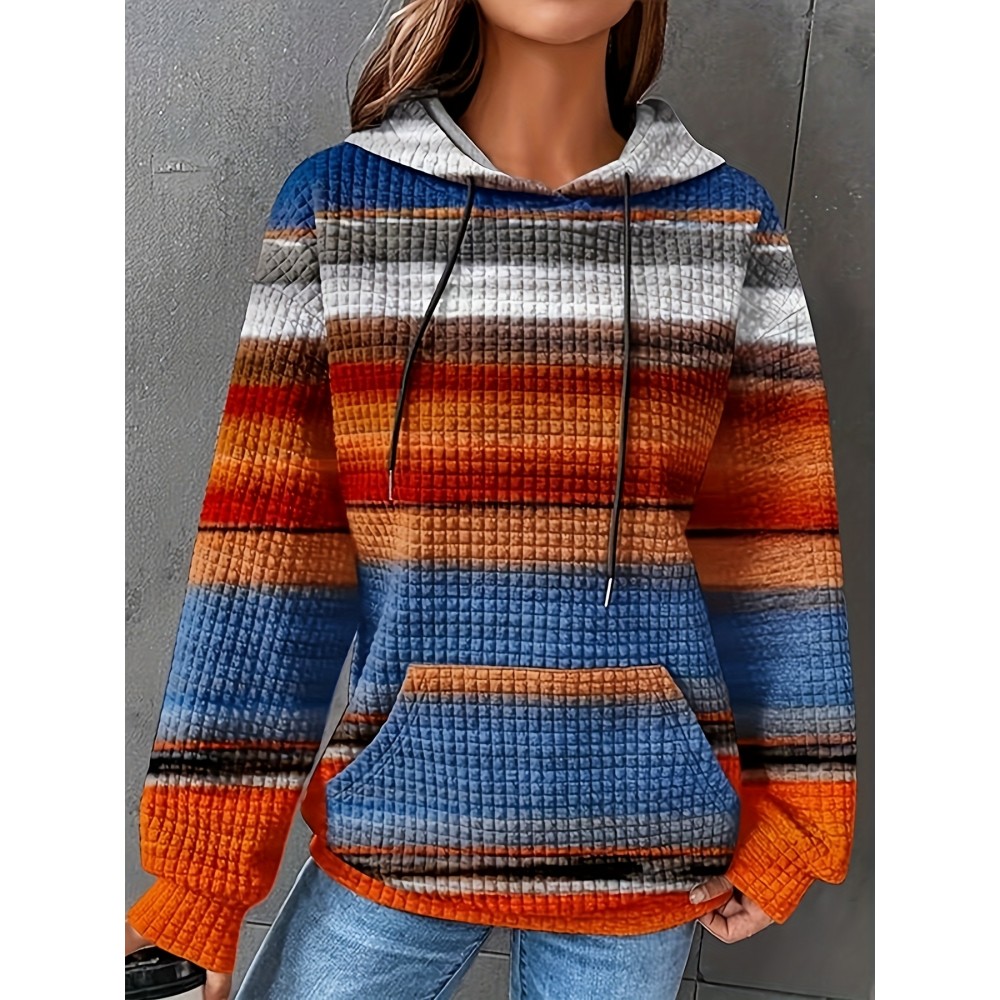 Plus Size - Women'S Plus Size Oversized Hoodie - Cozy Fall/Winter Sweatshirt with Drawstring Hood & Side Pockets, Blue/Orange/Red/Black/Gray Striped Pullover for Everyday & Formal Outfits - Casual Loose Fit Sweater, Sweater Hoodie, Autumn Winter Apparel, Comfortable Clothing, Texture, Stretchy Fabric, Durable Knitwear, Fall Fashion, Soft Texture, Hooded Sweater, Comfort Seekers
