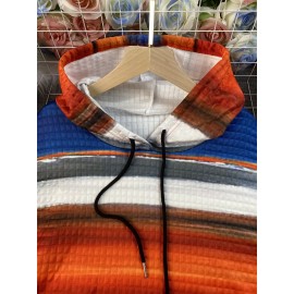 Plus Size - Women'S Plus Size Oversized Hoodie - Cozy Fall/Winter Sweatshirt with Drawstring Hood & Side Pockets, Blue/Orange/Red/Black/Gray Striped Pullover for Everyday & Formal Outfits - Casual Loose Fit Sweater, Sweater Hoodie, Autumn Winter Apparel, Comfortable Clothing, Texture, Stretchy Fabric, Durable Knitwear, Fall Fashion, Soft Texture, Hooded Sweater, Comfort Seekers