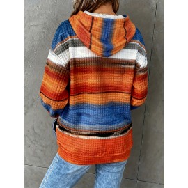 Plus Size - Women'S Plus Size Oversized Hoodie - Cozy Fall/Winter Sweatshirt with Drawstring Hood & Side Pockets, Blue/Orange/Red/Black/Gray Striped Pullover for Everyday & Formal Outfits - Casual Loose Fit Sweater, Sweater Hoodie, Autumn Winter Apparel, Comfortable Clothing, Texture, Stretchy Fabric, Durable Knitwear, Fall Fashion, Soft Texture, Hooded Sweater, Comfort Seekers