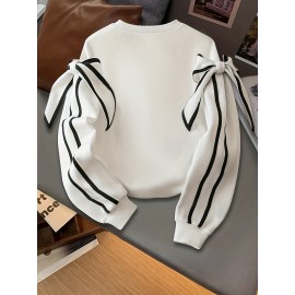 [Winter Clothing Construction] Plus Size Women's Elegant Bow Detail Sweatshirt | Cozy Long Sleeve Crewneck Pullover, Solid Color Casual Fall/Winter Wear