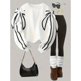 [Winter Clothing Construction] Plus Size Women's Elegant Bow Detail Sweatshirt | Cozy Long Sleeve Crewneck Pullover, Solid Color Casual Fall/Winter Wear