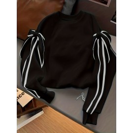 [Winter Clothing Construction] Plus Size Women's Elegant Bow Detail Sweatshirt | Cozy Long Sleeve Crewneck Pullover, Solid Color Casual Fall/Winter Wear