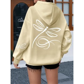 Plus Size, Women's Oversized White Dragonfly Print Hooded Sweatshirt - Long Sleeve Casual Pullover with Drawstring Hood & Kangaroo Pocket, Plus Size All-Season Comfort, Elegant White Sweater for Casual Attire, Machine Washable, Relaxed Fit with Stylish Dragonfly Back Print, Soft Fabric for Layering, Chic and Versatile Women's Fashion