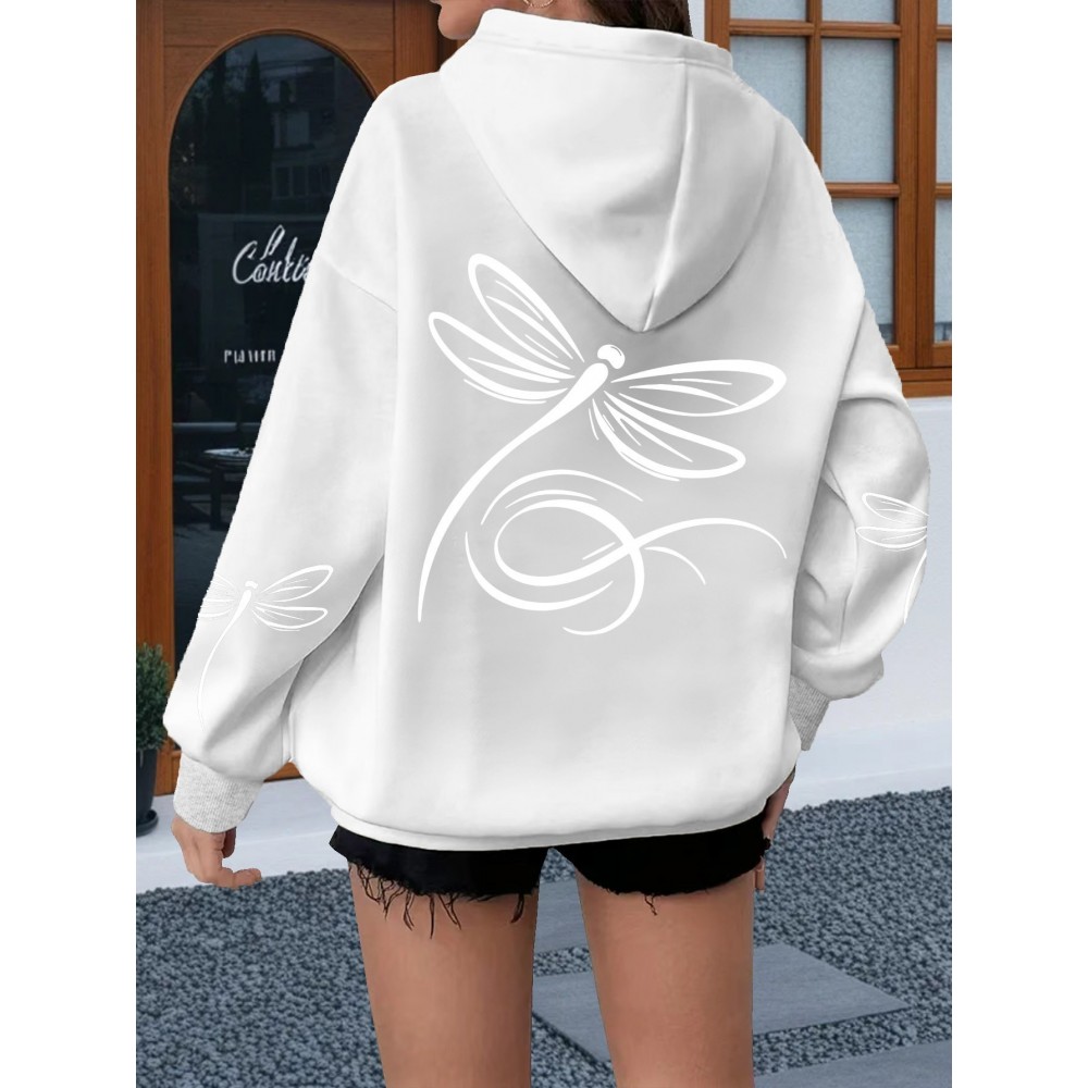 Plus Size, Women's Oversized White Dragonfly Print Hooded Sweatshirt - Long Sleeve Casual Pullover with Drawstring Hood & Kangaroo Pocket, Plus Size All-Season Comfort, Elegant White Sweater for Casual Attire, Machine Washable, Relaxed Fit with Stylish Dragonfly Back Print, Soft Fabric for Layering, Chic and Versatile Women's Fashion