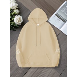 Plus Size, Women's Oversized White Dragonfly Print Hooded Sweatshirt - Long Sleeve Casual Pullover with Drawstring Hood & Kangaroo Pocket, Plus Size All-Season Comfort, Elegant White Sweater for Casual Attire, Machine Washable, Relaxed Fit with Stylish Dragonfly Back Print, Soft Fabric for Layering, Chic and Versatile Women's Fashion