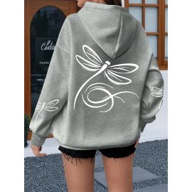 Plus Size, Women's Oversized White Dragonfly Print Hooded Sweatshirt - Long Sleeve Casual Pullover with Drawstring Hood & Kangaroo Pocket, Plus Size All-Season Comfort, Elegant White Sweater for Casual Attire, Machine Washable, Relaxed Fit with Stylish Dragonfly Back Print, Soft Fabric for Layering, Chic and Versatile Women's Fashion
