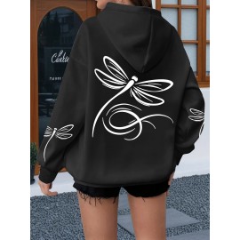 Plus Size, Women's Oversized White Dragonfly Print Hooded Sweatshirt - Long Sleeve Casual Pullover with Drawstring Hood & Kangaroo Pocket, Plus Size All-Season Comfort, Elegant White Sweater for Casual Attire, Machine Washable, Relaxed Fit with Stylish Dragonfly Back Print, Soft Fabric for Layering, Chic and Versatile Women's Fashion
