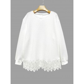 Plus Size, Women's Elegant Long Sleeve Pullover Sweatshirt - White with Lace Trim, Relaxed Fit for Everyday & Formal Events, Machine Washable Winter Sweater for Women, Cute Sweatshirts, Autumn Fashion, Classic Round Neckline, Quality Stitching, Stylish Clothing, Casual Chic