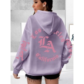 Los Angeles Letter Print Casual Hooded Sweatshirt - Long Sleeves Oversized Hooded Sweatshirt with Popular Extension