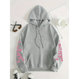 Los Angeles Letter Print Casual Hooded Sweatshirt - Long Sleeves Oversized Hooded Sweatshirt with Popular Extension