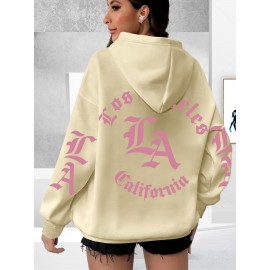 Los Angeles Letter Print Casual Hooded Sweatshirt - Long Sleeves Oversized Hooded Sweatshirt with Popular Extension