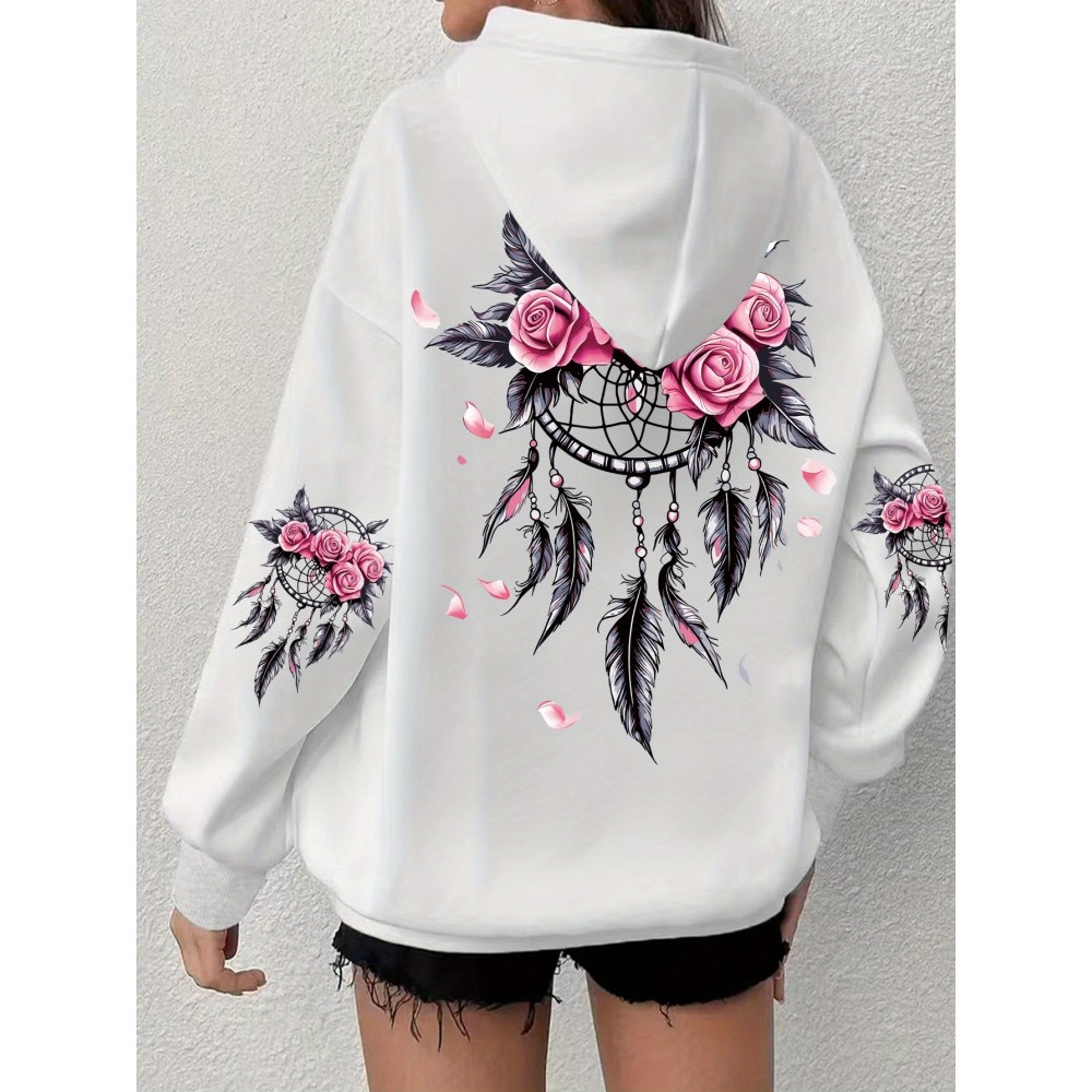 Women'S Plus Size Boho Chic Hoodie - Soft, Comfortable Long Sleeve with Dreamcatcher & Floral Print, Casual Pullover with Pockets for Everyday Wear, Casual Wear Hoodie|Boho Chic Style|Soft Fabric Hoodie