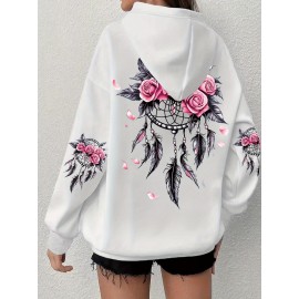 Women'S Plus Size Boho Chic Hoodie - Soft, Comfortable Long Sleeve with Dreamcatcher & Floral Print, Casual Pullover with Pockets for Everyday Wear, Casual Wear Hoodie|Boho Chic Style|Soft Fabric Hoodie