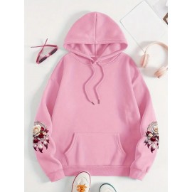 Plus Size - Women'S Plus Size Floral Print Hoodie - Soft, Comfortable Long Sleeve with Pockets, Casual Brown Pullover for All-Season Wear, Casual Wear Hoodie | Floral Print Hoodie | Soft Fabric Hoodie