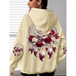 Plus Size - Women'S Plus Size Floral Print Hoodie - Soft, Comfortable Long Sleeve with Pockets, Casual Brown Pullover for All-Season Wear, Casual Wear Hoodie | Floral Print Hoodie | Soft Fabric Hoodie