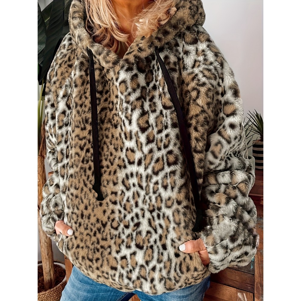 Plus Size Leopard Print Hoodie - Ultra-Soft Fleece Long Sleeve Drawstring Sweatshirt with Spacious Pockets for Women - Vibrant Print Design, Adjustable Fit, and Cozy Comfort