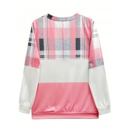 Plus Size, Plus Size Women's Casual Plaid Print Zip-Up Sweatshirt - Round Neck Long Sleeve Two-Tone Color Block (Pink & White) with Zipper Detail, Machine Washable All-Season Comfort