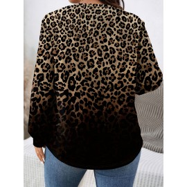 [Cozy Leopard Print Sweater] Amikafashion Women's Plus Size Leopard Print Sweater - Cozy Soft Fabric, Long Sleeve Round Neck Casual Pullover, Black & Brown Animal Print, Fall Winter Tops for Everyday & Formal Outfits, Seasonal Wardrobe Staple, Minimalist Design, Stylish Trendy Top