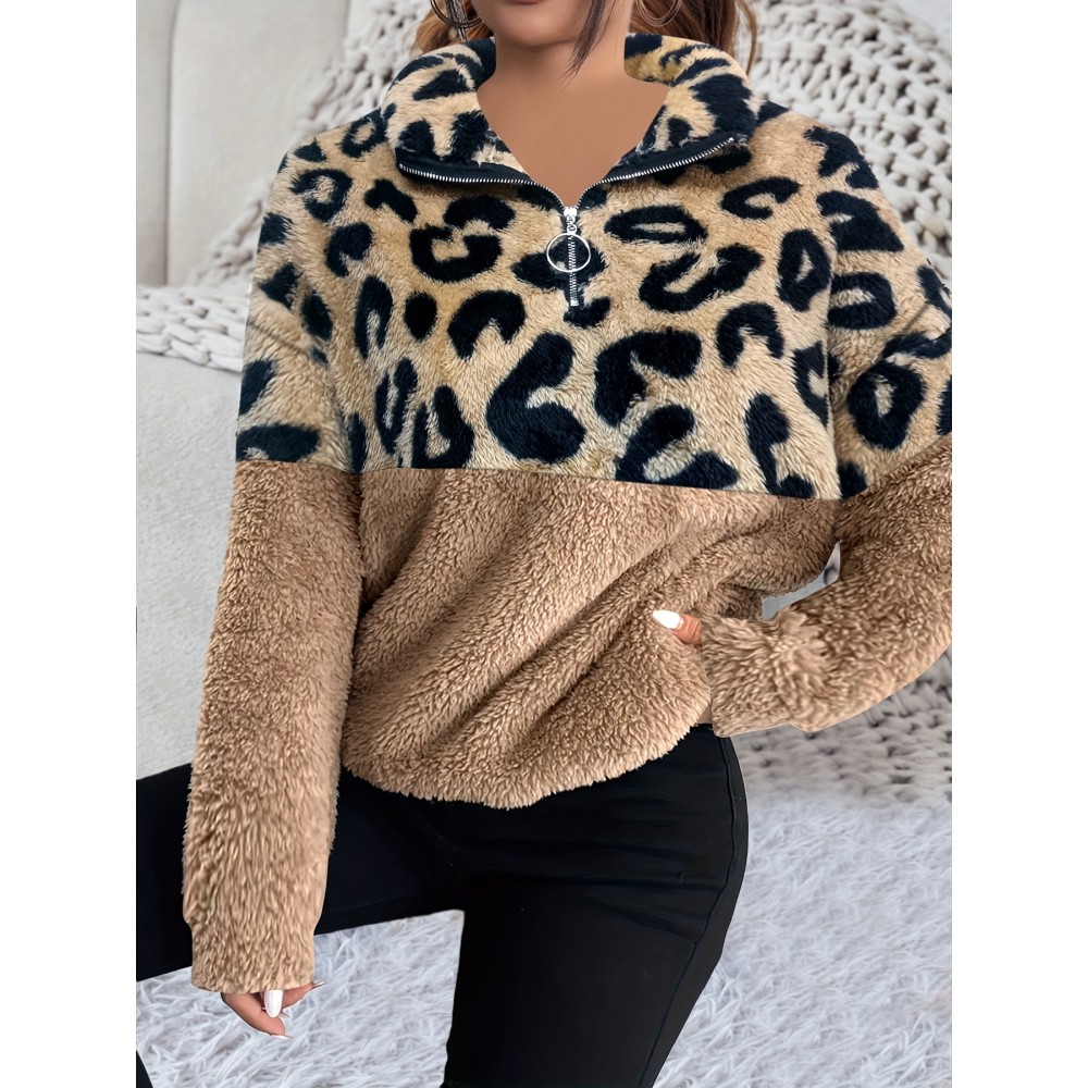 Plus Size, Winter Women's Fashion Double-Sided Polar Velvet Top with Leopard Print Long Sleeve Hoodie, Contrast Color Zipper Loose Casual Plus Size Pullover