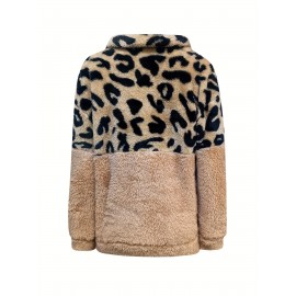 Plus Size, Winter Women's Fashion Double-Sided Polar Velvet Top with Leopard Print Long Sleeve Hoodie, Contrast Color Zipper Loose Casual Plus Size Pullover