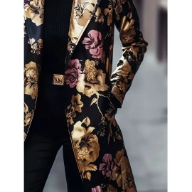 Plus Size, Women's & Burgundy Floral Blazer Jacket - Mid-Length Lapel Coat with Notch Collar, -Tone Pocket, Machine-Washable Winter Outerwear for, Weddings & Parties - Elegant Brown/Beige Trench Coat