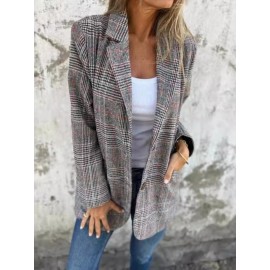 Plus Size - Women'S Retro Houndstooth Lapel Blazer Coat - Classic Notched Lapel Structured Tailored Winter Coat, Elegant Casual to Formal Outerwear for Fall/Winter, Timeless Houndstooth Pattern in / - Versatile Everyday & Special Occasion Jacket