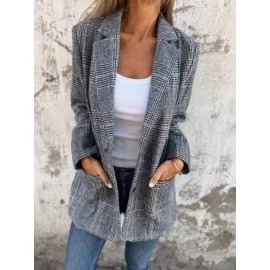 Plus Size - Women'S Retro Houndstooth Lapel Blazer Coat - Classic Notched Lapel Structured Tailored Winter Coat, Elegant Casual to Formal Outerwear for Fall/Winter, Timeless Houndstooth Pattern in / - Versatile Everyday & Special Occasion Jacket