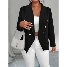 Plus Size - Plus-size Women'S Solid Color Double-Breasted Fitted Waist Long-Sleeved Suit Jacket | Elegant Style with Lapel Collar and Button Details, Perfect for All Seasons