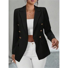 Plus Size - Plus-size Women'S Solid Color Double-Breasted Fitted Waist Long-Sleeved Suit Jacket | Elegant Style with Lapel Collar and Button Details, Perfect for All Seasons
