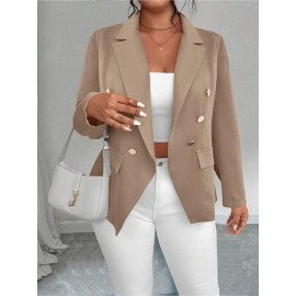 Plus Size - Plus-size Women'S Solid Color Double-Breasted Fitted Waist Long-Sleeved Suit Jacket | Elegant Style with Lapel Collar and Button Details, Perfect for All Seasons