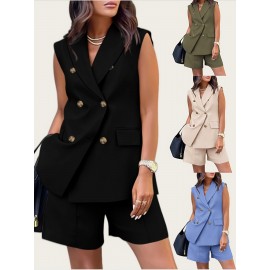 Plus Size - New Plus-Size Professional Double-Breasted Suit for Women, Stylish And Fashionable, Perfect As a Graduation Gift, Wedding Guest Attire, Or a Must-Have for Spring, Summer, And Autumn Work. Sleeveless V-Neck Top And Pants Two-Piece Set.