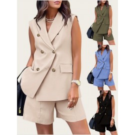 Plus Size - New Plus-Size Professional Double-Breasted Suit for Women, Stylish And Fashionable, Perfect As a Graduation Gift, Wedding Guest Attire, Or a Must-Have for Spring, Summer, And Autumn Work. Sleeveless V-Neck Top And Pants Two-Piece Set.