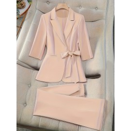 Elegant Office Suit Set for Women - Solid Color Polyester Blazer with Front Bow Detail and 3/4 Sleeves, Matching Trousers - Non-Stretch Woven Fabric, Suit Collar, Autumn/Winter Collection
