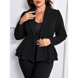 Plus Size Solid Color Single Breasted Lapel Elegant Long Sleeve Flare Hem Blazer For Work & Office