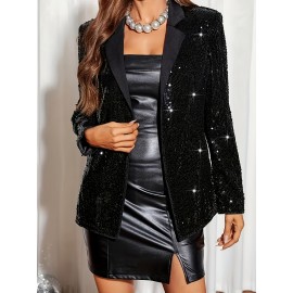 Elegant Black Sequin-Embellished Blazer - Mid-Length, Sparkling Women's Fashion Suit Jacket with Lapel Collar