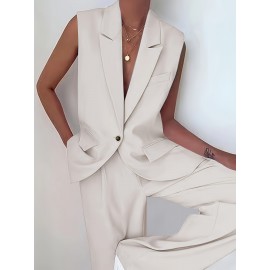 Stylish Plus Size Solid Color Elegant Suit Set - Women's Plus Size Clothing, Button Sleeveless Vest & Straight Leg Loose Pants for Work or Formal Occasions - Comfortable, Breathable, and Flattering