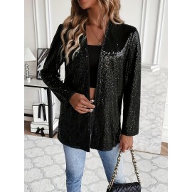 1pc Elegant Plus Size Sequin Long Sleeve Blazer for Women - Casual Open Front Polyester Jacket with Shimmering Detail, Knitted Fabric, Versatile for All Seasons