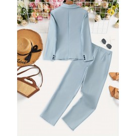 Elegant Women's Long Sleeve Lapel Blazer & Pants Set - Polyester, Machine Washable, Solid Color for Fall/Winter
