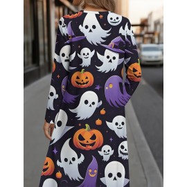 Plus Size Women'S Halloween Print Trench Coat - Spooky Ghosts Bats Pumpkins Witches Hat Design, Long Sleeve Casual Sporty Jacket, All-Season Machine Washable Outerwear for Fall Winter & Year-Round Wear, Themed Party Outfit Everyday Coat