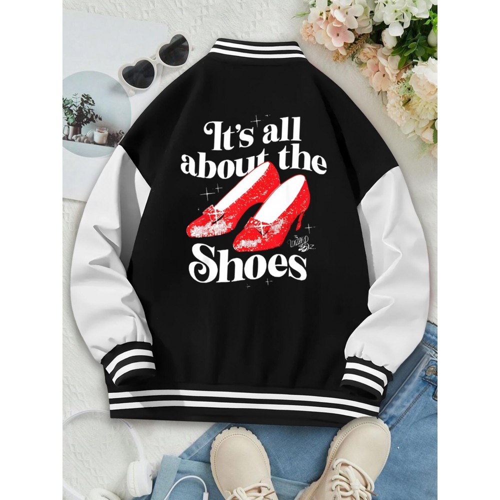 Women's Wizard of Oz Ruby Slippers & Dorothy's Back Print Jacket - Plus Size Friendly Black & White Two-Tone Sleeves, Red Glitter Iconic Slippers Design, Casual Winter Outerwear for Halloween Costumes, Parties & Casual Attire -